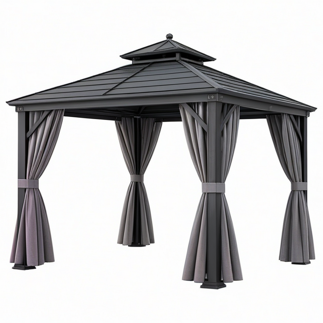 Tonnelle de jardin 300 x 300 cm acier noir avec rideaux style pavillon