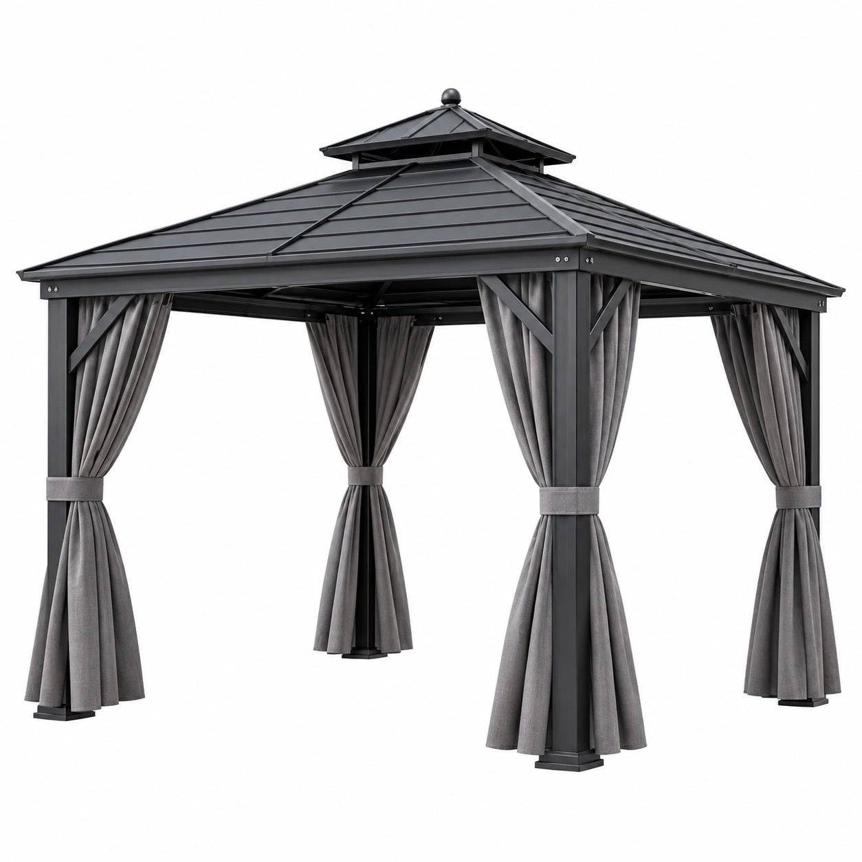 Tonnelle de jardin 300 x 300 cm acier noir avec rideaux style pavillon