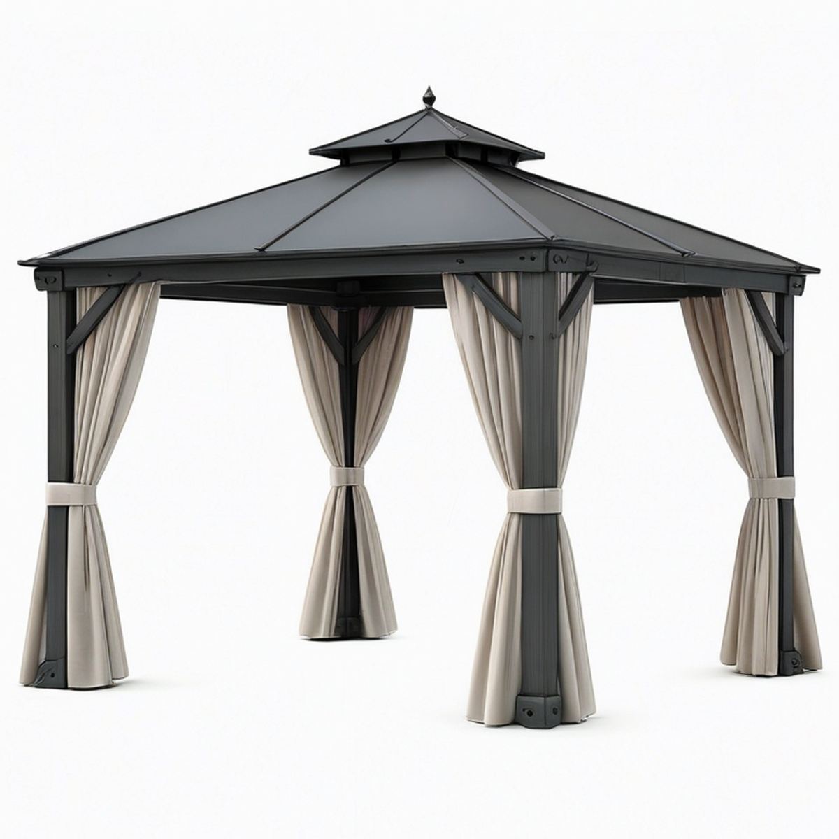 Tonnelle de jardin 300 x 300 x 300 cm en acier noir avec rideaux beige style pavillon