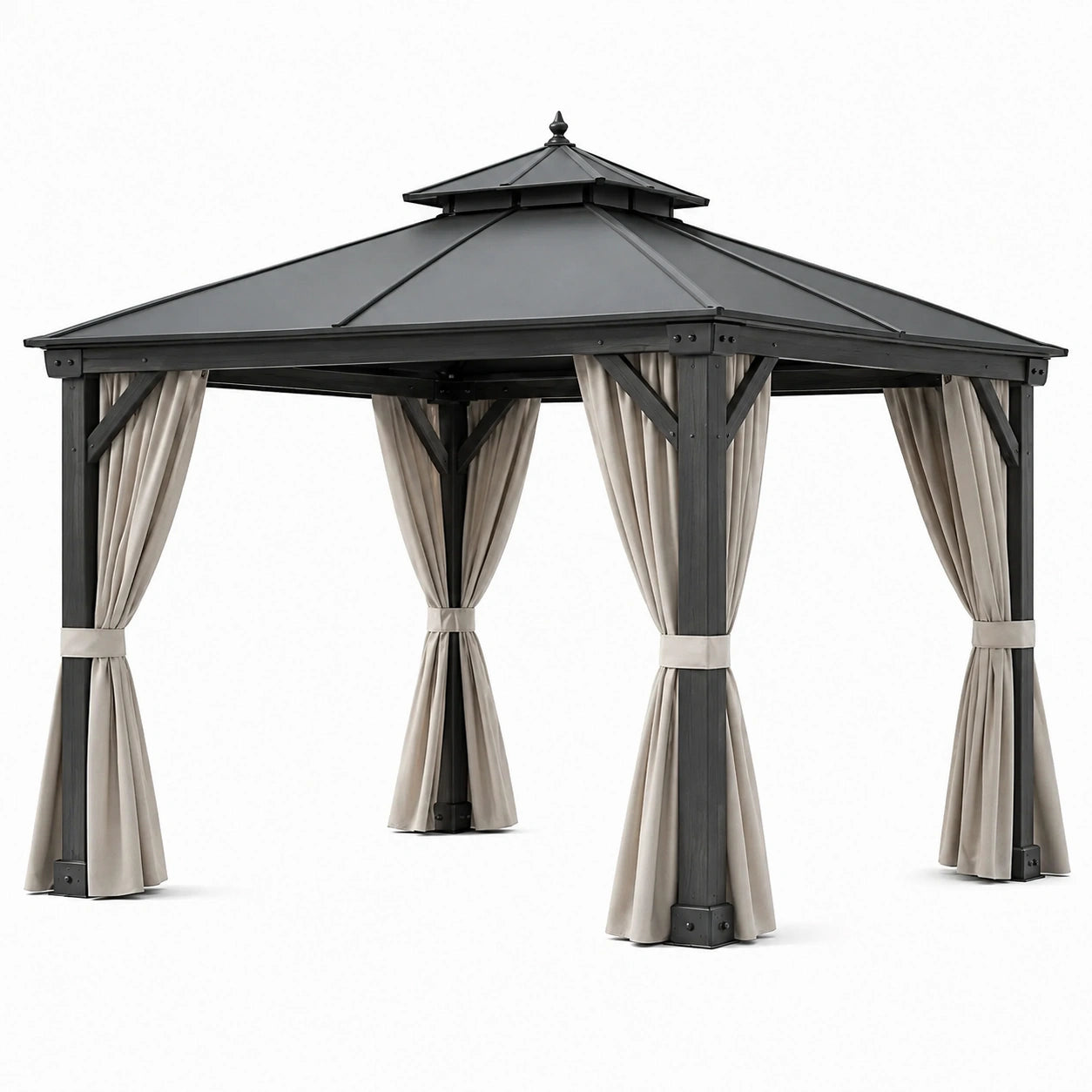 Tonnelle de jardin 300 x 300 x 300 cm en acier noir avec rideaux beige style pavillon