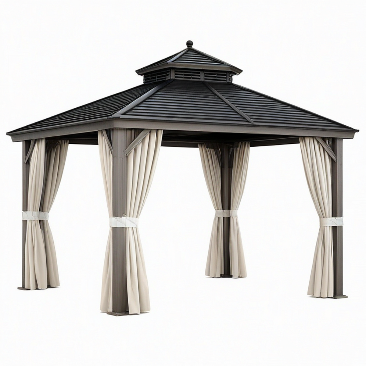 Tonnelle de jardin 300 x 300 cm en acier gris anthracite avec rideaux beige toit ventilé
