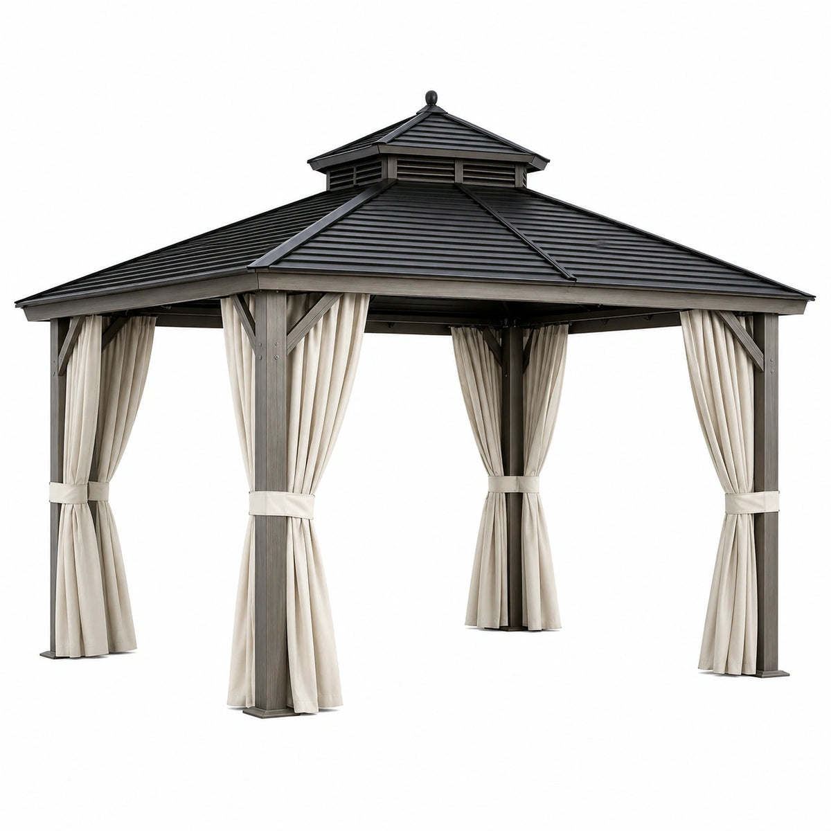 Tonnelle de jardin 300 x 300 cm en acier gris anthracite avec rideaux beige toit ventilé