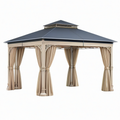 Tonnelle de jardin 400 x 400 cm en métal beige avec toit gris et rideaux style classique