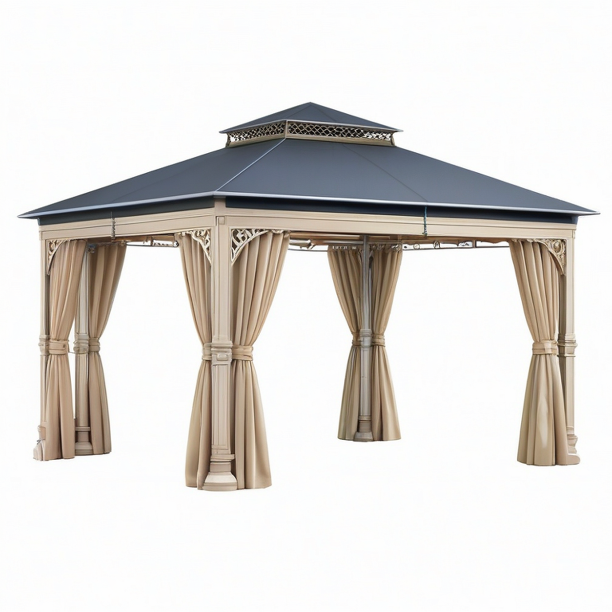 Tonnelle de jardin 400 x 400 cm en métal beige avec toit gris et rideaux style classique
