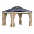 Tonnelle de jardin 400 x 400 cm en métal beige avec toit gris et rideaux style classique