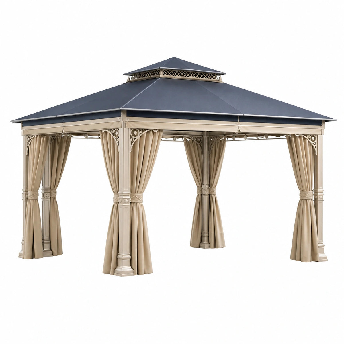 Tonnelle de jardin 400 x 400 cm en métal beige avec toit gris et rideaux style classique
