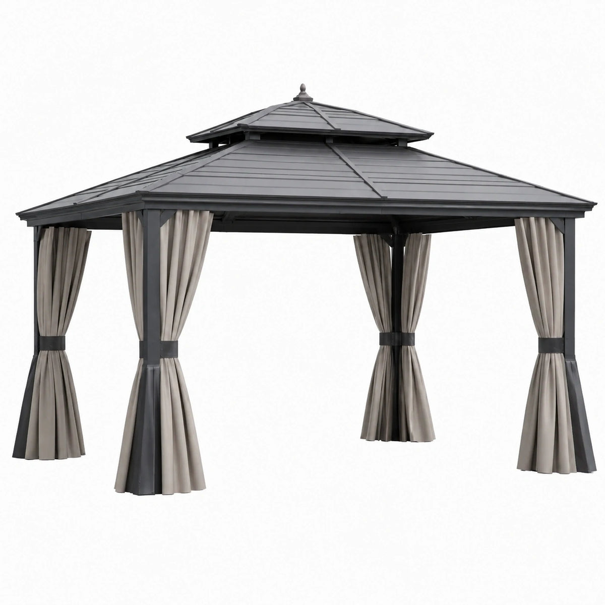 Tonnelle de jardin 300 x 300 x 290 cm acier anthracite avec rideaux style pavillon