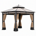 Tonnelle de jardin 300 x 300 x 280 cm en acier noir avec rideaux beige style pavillon