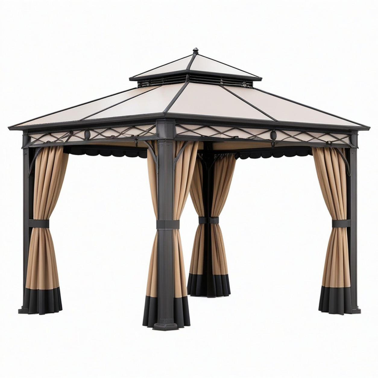 Tonnelle de jardin 300 x 300 x 280 cm en acier noir avec rideaux beige style pavillon