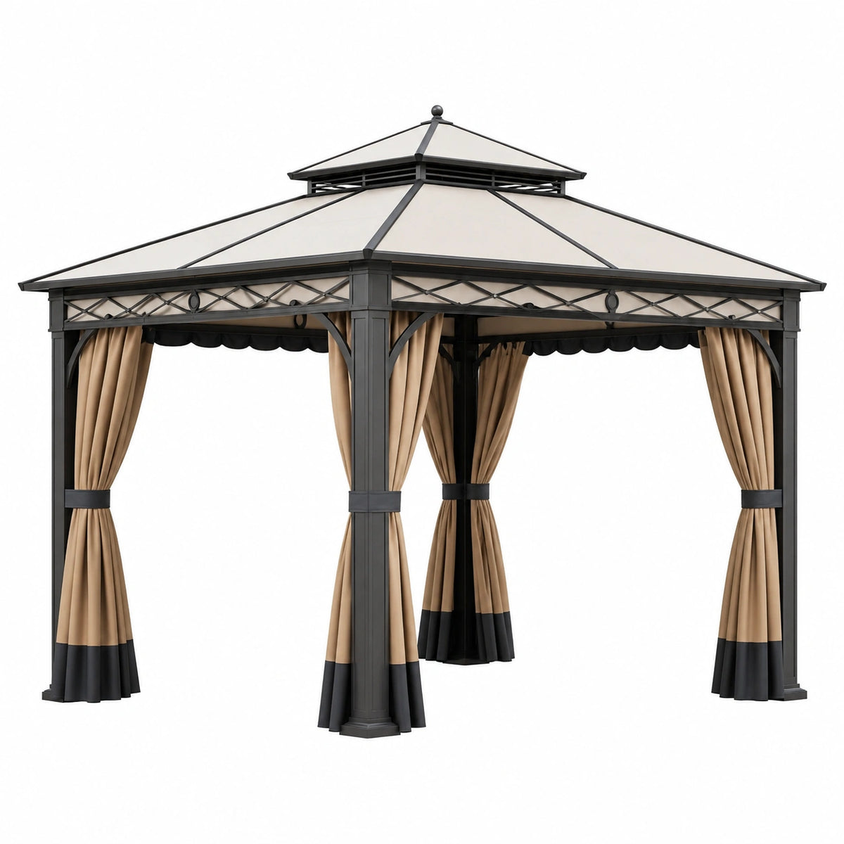Tonnelle de jardin 300 x 300 x 280 cm en acier noir avec rideaux beige style pavillon