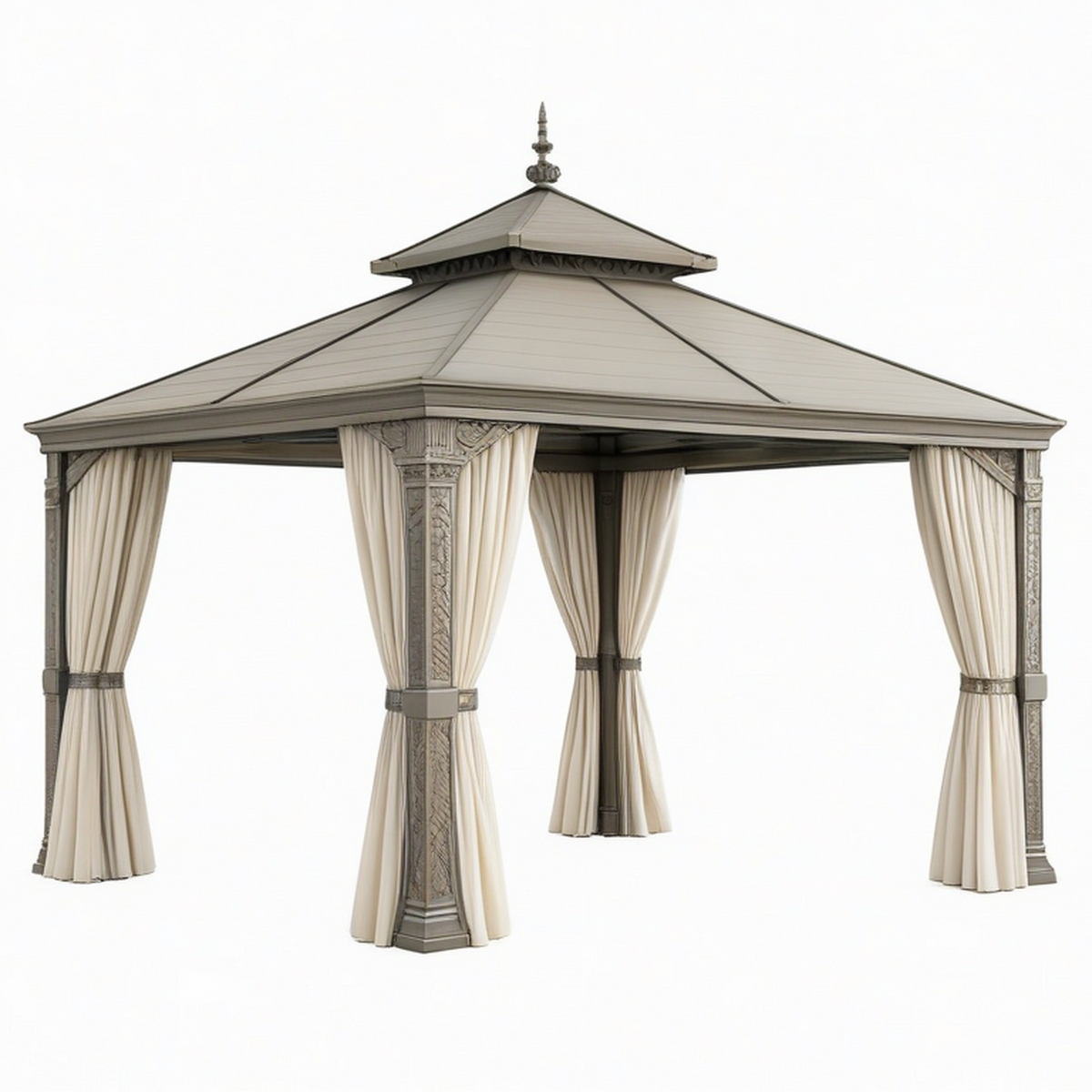 Gazebo de jardin 300 x 300 x 300 cm métal taupe avec rideaux style classique