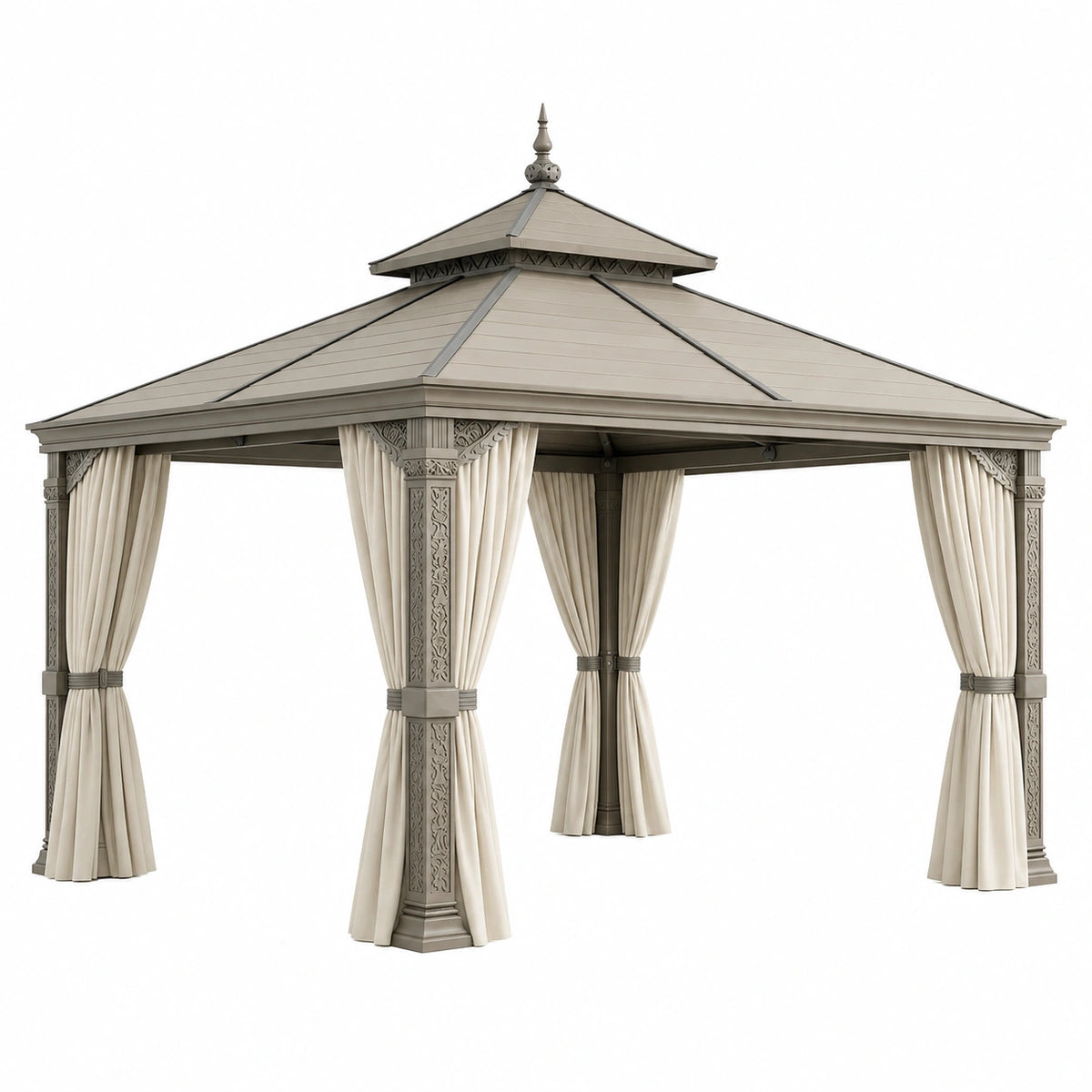 Gazebo de jardin 300 x 300 x 300 cm métal taupe avec rideaux style classique