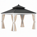 Pavillon de jardin 400 x 300 cm en aluminium blanc avec toit noir et rideaux beiges