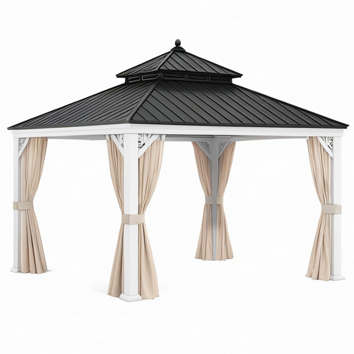 Pavillon de jardin 400 x 300 cm en aluminium blanc avec toit noir et rideaux beiges