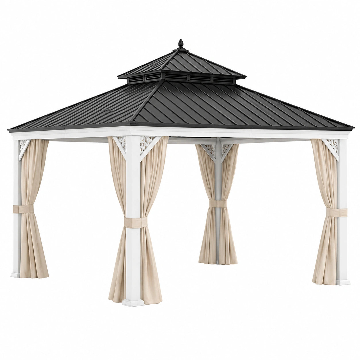 Pavillon de jardin 400 x 300 cm en aluminium blanc avec toit noir et rideaux beiges