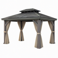 Tonnelle de jardin 300 x 300 cm en bois gris avec rideaux beiges toit couvert