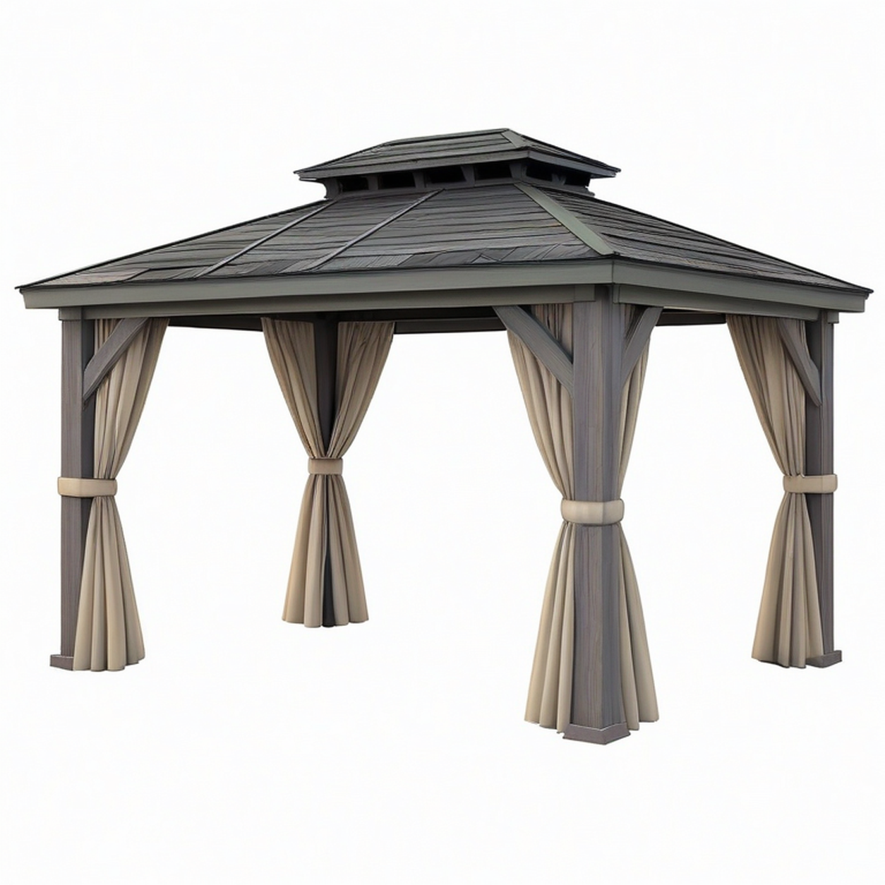 Tonnelle de jardin 300 x 300 cm en bois gris avec rideaux beiges toit couvert