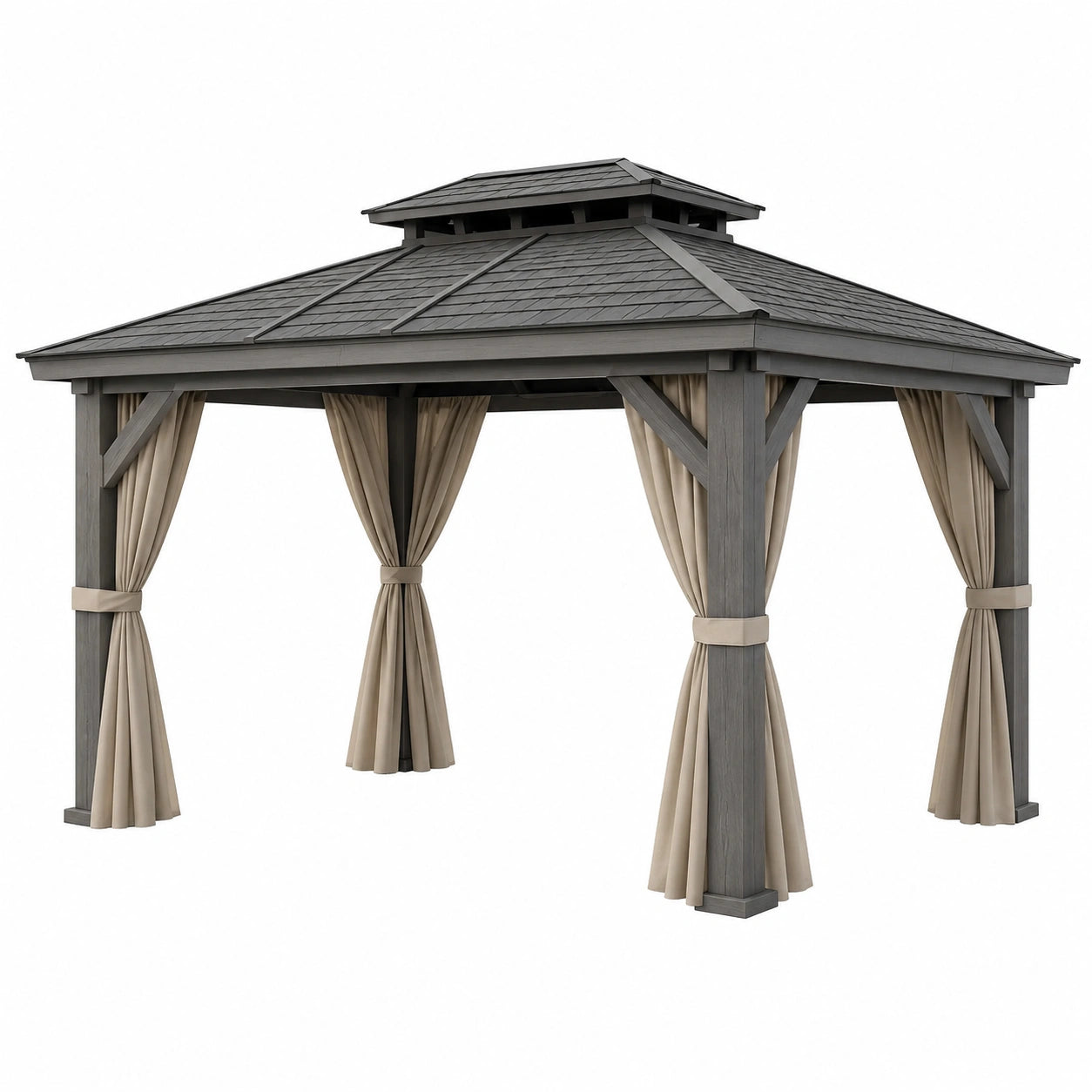 Tonnelle de jardin 300 x 300 cm en bois gris avec rideaux beiges toit couvert
