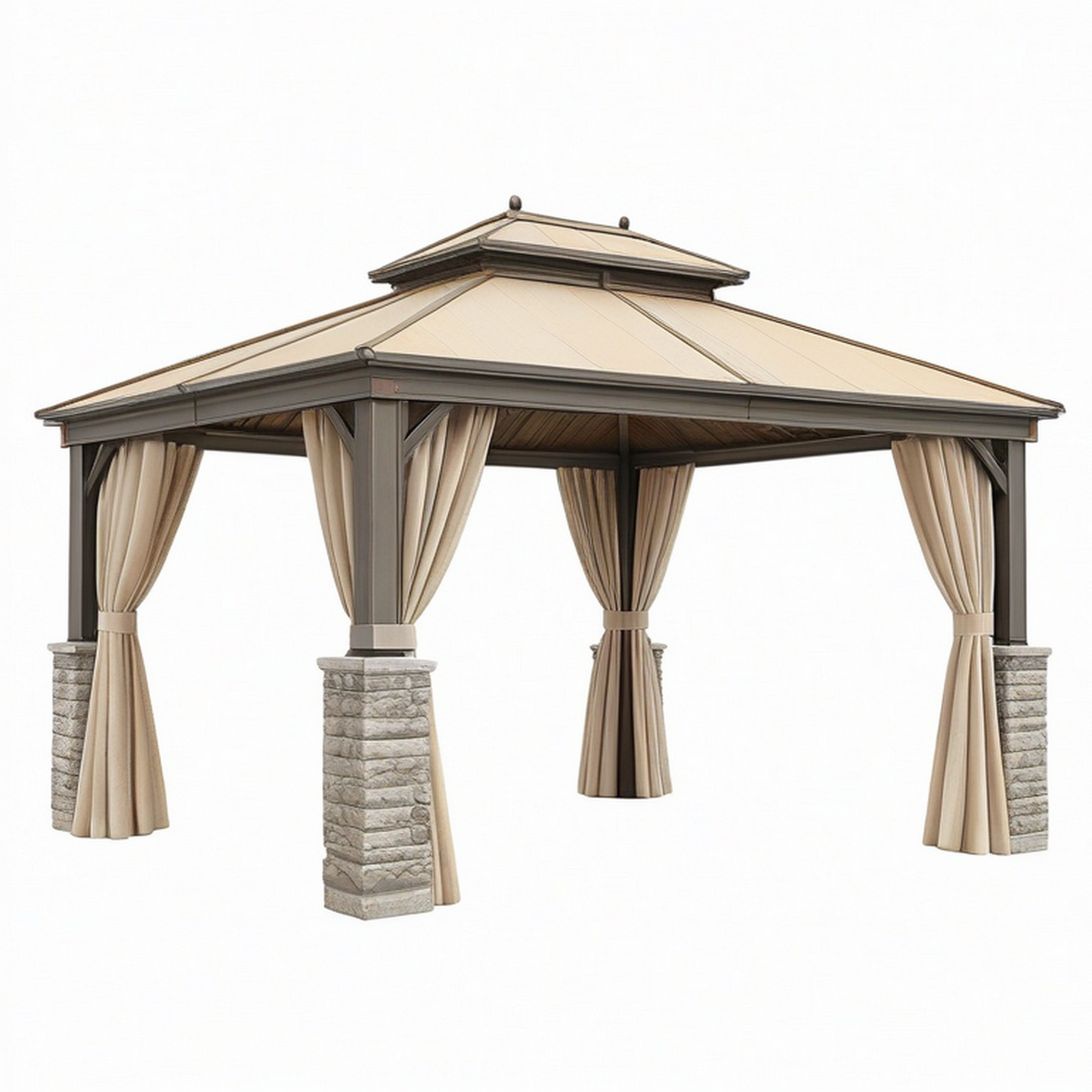 Tonnelle de jardin 400 x 400 x 320 cm en métal gris taupe avec rideaux pavillon extérieur