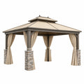 Tonnelle de jardin 400 x 400 x 320 cm en métal gris taupe avec rideaux pavillon extérieur