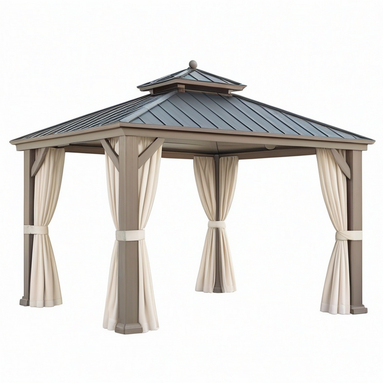Pavillon de jardin 300 x 300 cm en bois beige avec toit métallique et rideaux