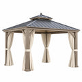 Pavillon de jardin 300 x 300 cm en bois beige avec toit métallique et rideaux