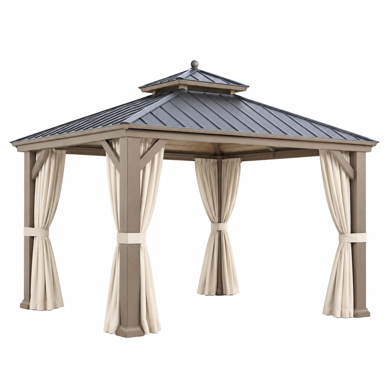 Pavillon de jardin 300 x 300 cm en bois beige avec toit métallique et rideaux
