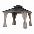 Pavillon de jardin 300 x 300 x 300 cm aluminium gris beige avec toit rigide et rideaux