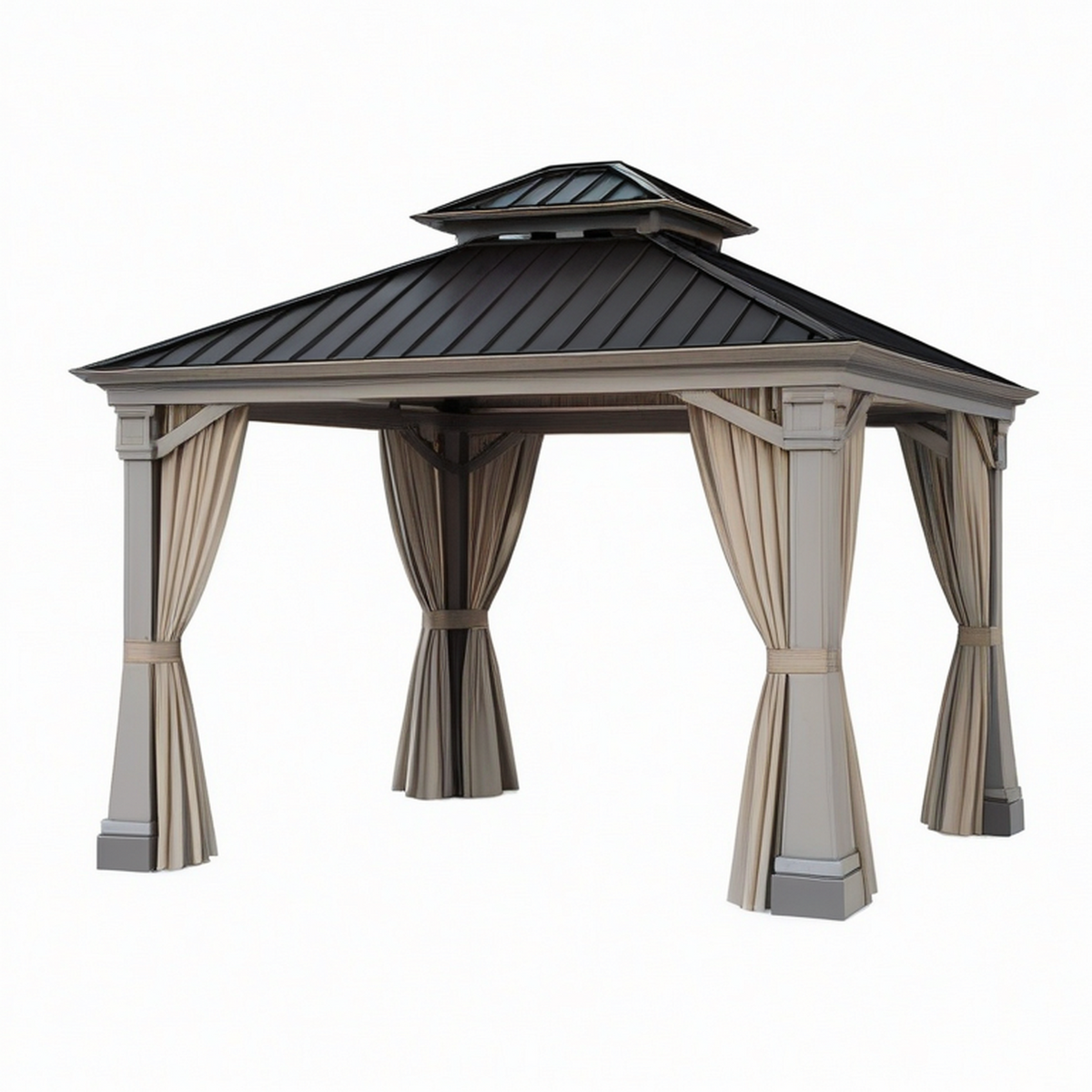 Pavillon de jardin 300 x 300 x 300 cm aluminium gris beige avec toit rigide et rideaux
