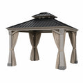 Pavillon de jardin 300 x 300 x 300 cm aluminium gris beige avec toit rigide et rideaux