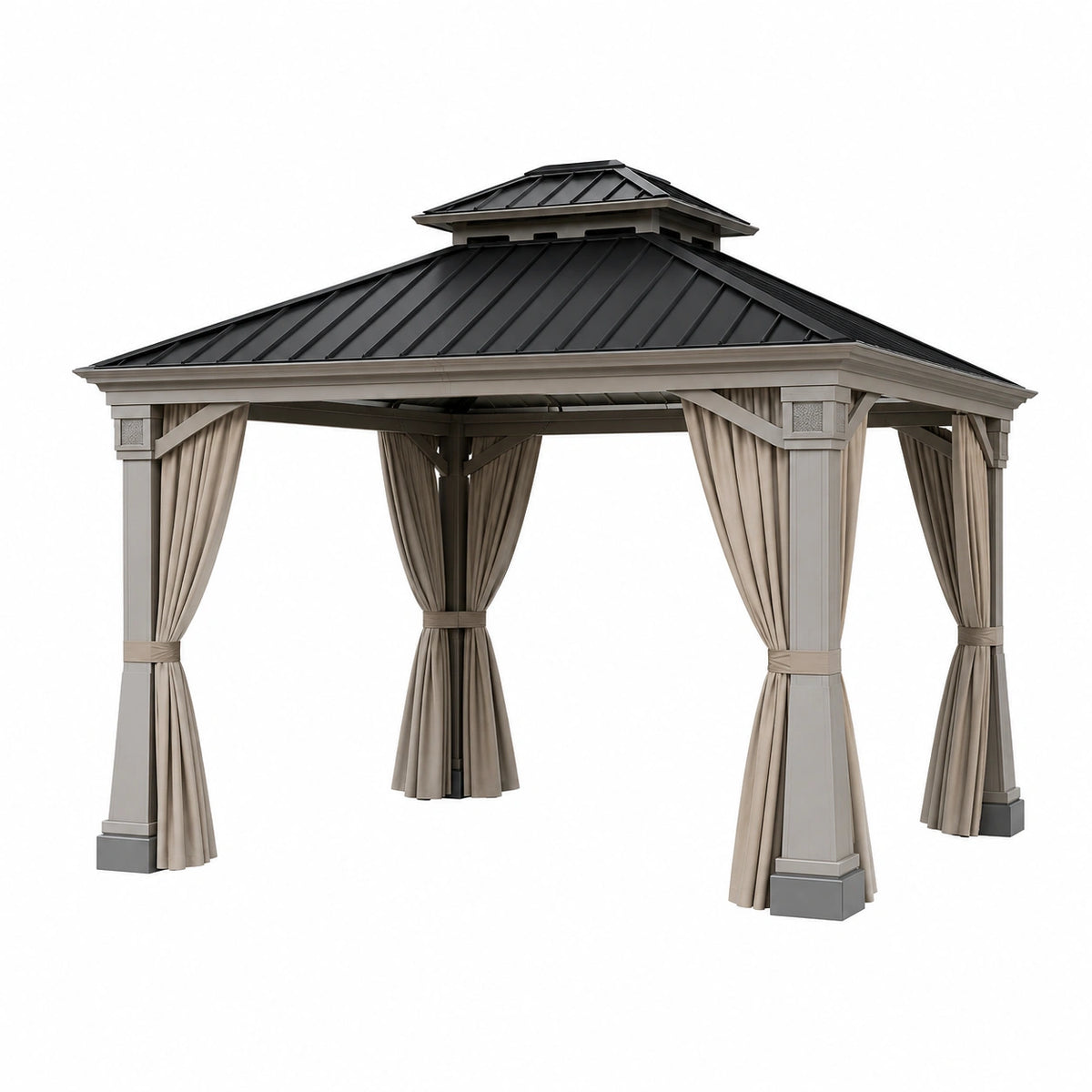 Pavillon de jardin 300 x 300 x 300 cm aluminium gris beige avec toit rigide et rideaux