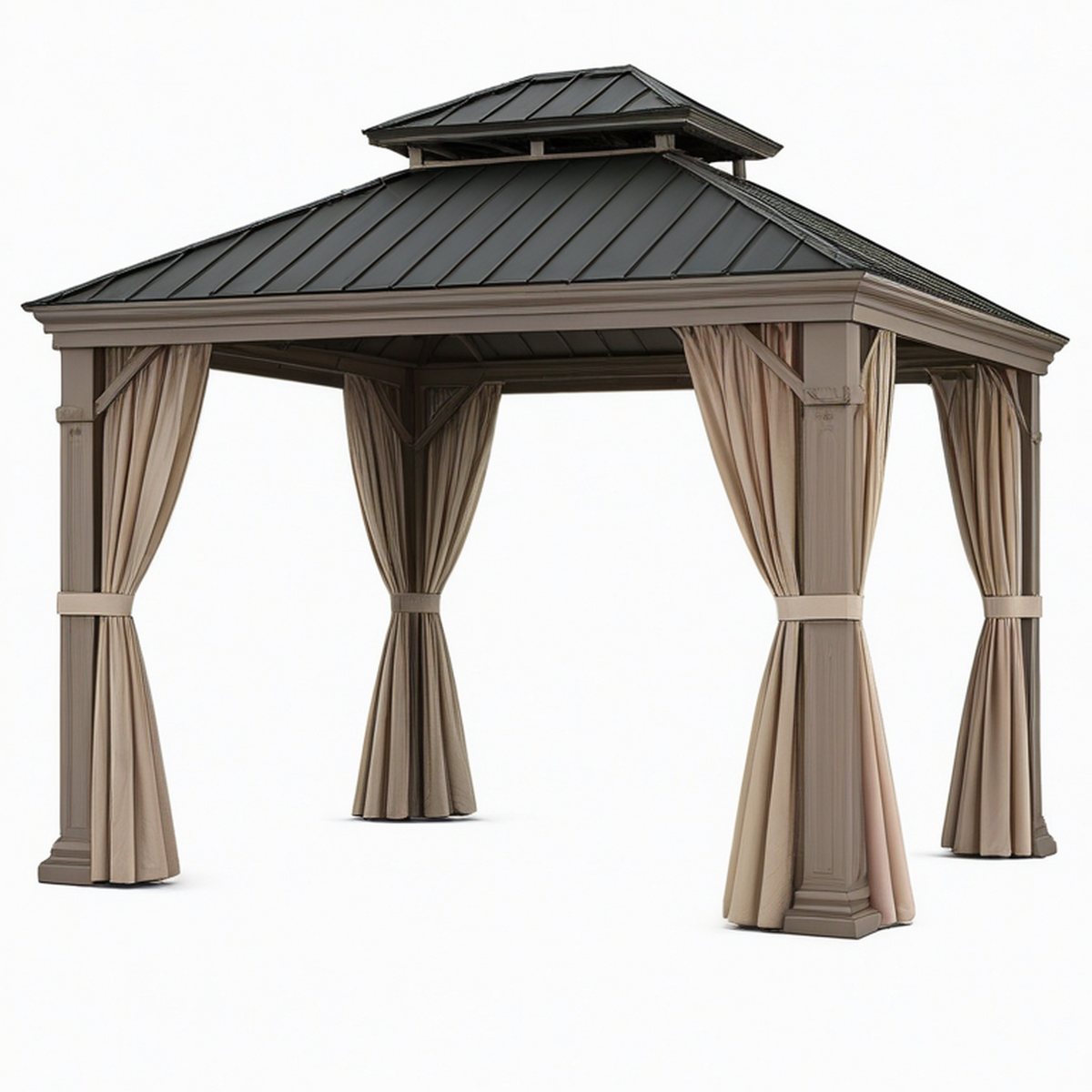 Tonnelle de jardin 300 x 300 x 300 cm en métal taupe et noir avec rideaux style classique