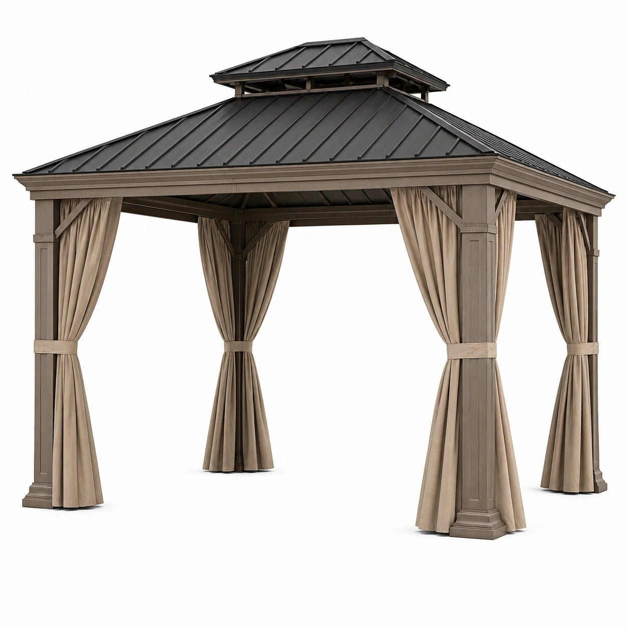 Tonnelle de jardin 300 x 300 x 300 cm en métal taupe et noir avec rideaux style classique
