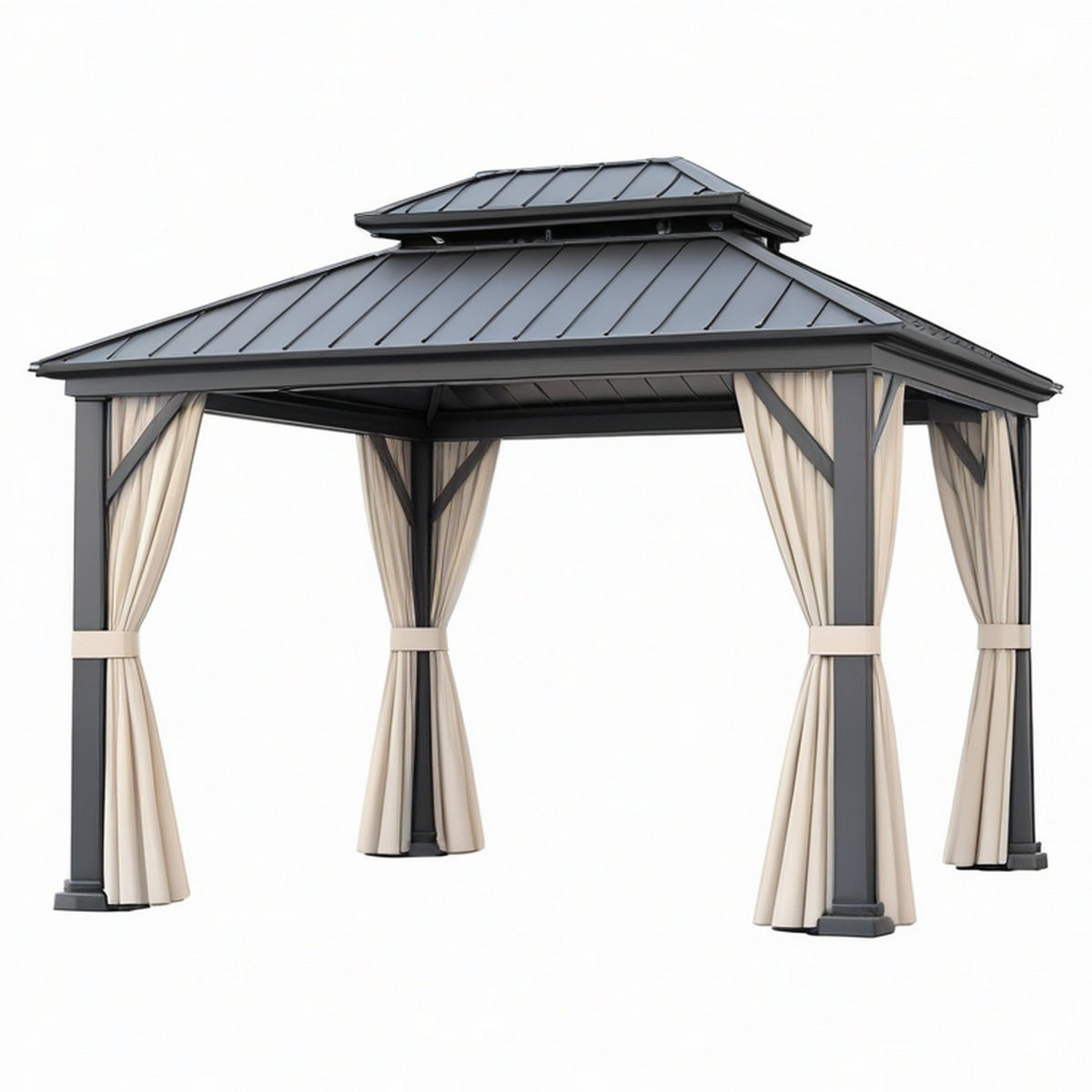 Tonnelle de jardin 300 x 300 cm en métal gris anthracite avec rideaux beiges toit double style pavillon