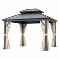 Tonnelle de jardin 300 x 300 cm en métal gris anthracite avec rideaux beiges toit double style pavillon