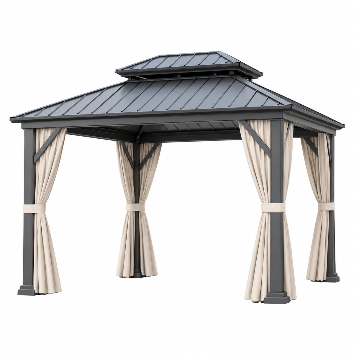 Tonnelle de jardin 300 x 300 cm en métal gris anthracite avec rideaux beiges toit double style pavillon