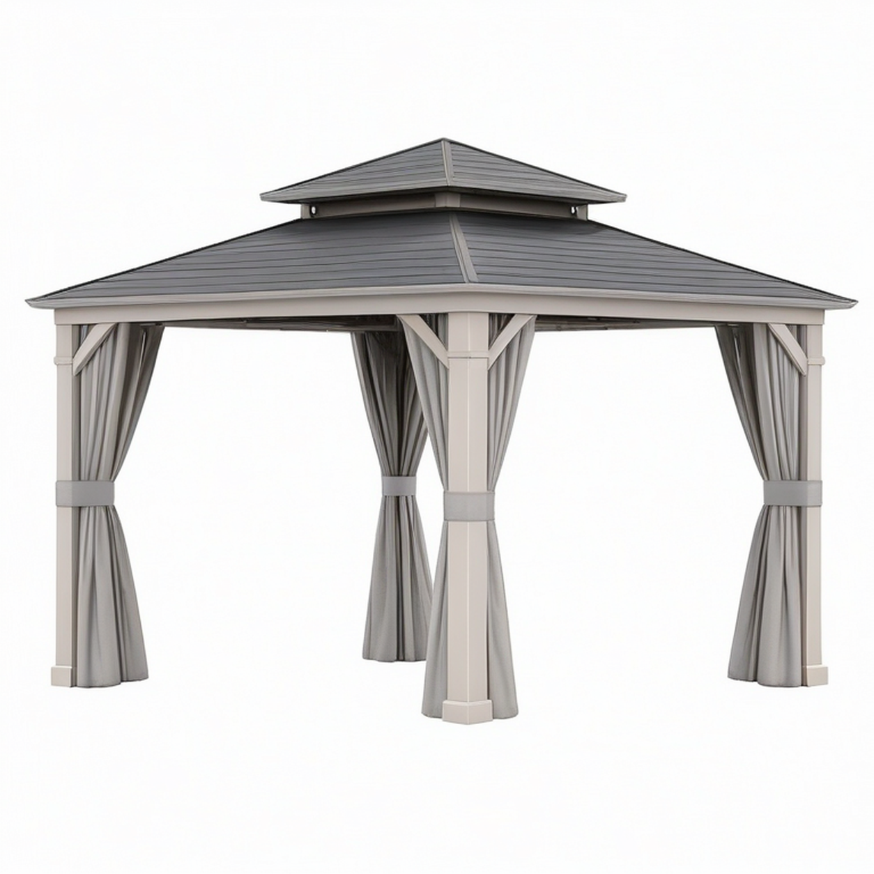Tonnelle de jardin 300 x 300 cm - structure gris clair toit rigide gris avec rideaux - abri extérieur contemporain
