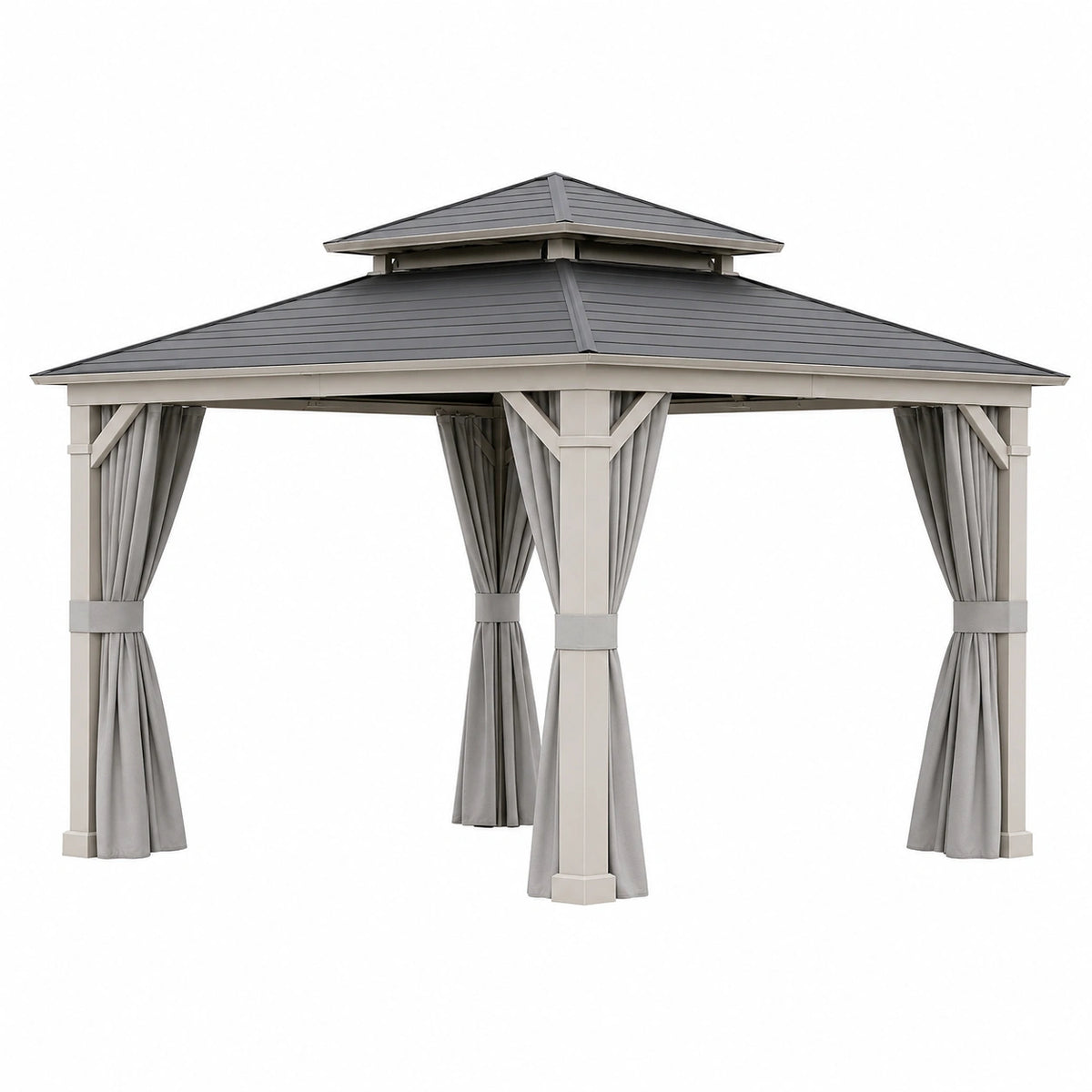 Tonnelle de jardin 300 x 300 cm - structure gris clair toit rigide gris avec rideaux - abri extérieur contemporain